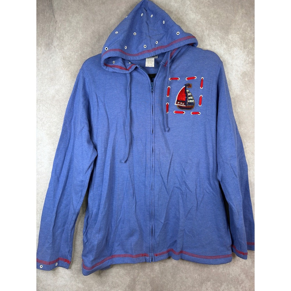 NWOT p.g.b. Zip‎ Up Hoodie Womens Large Blue Nautical Sailboat Beaded Coastal